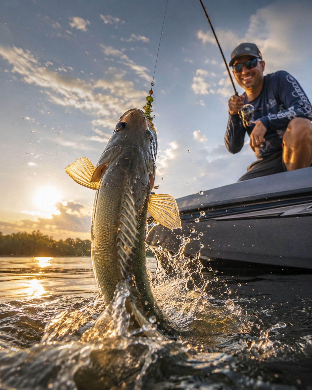 Angler im Boot bei Sonnenuntergang mit einem springenden Fisch an der Angel
