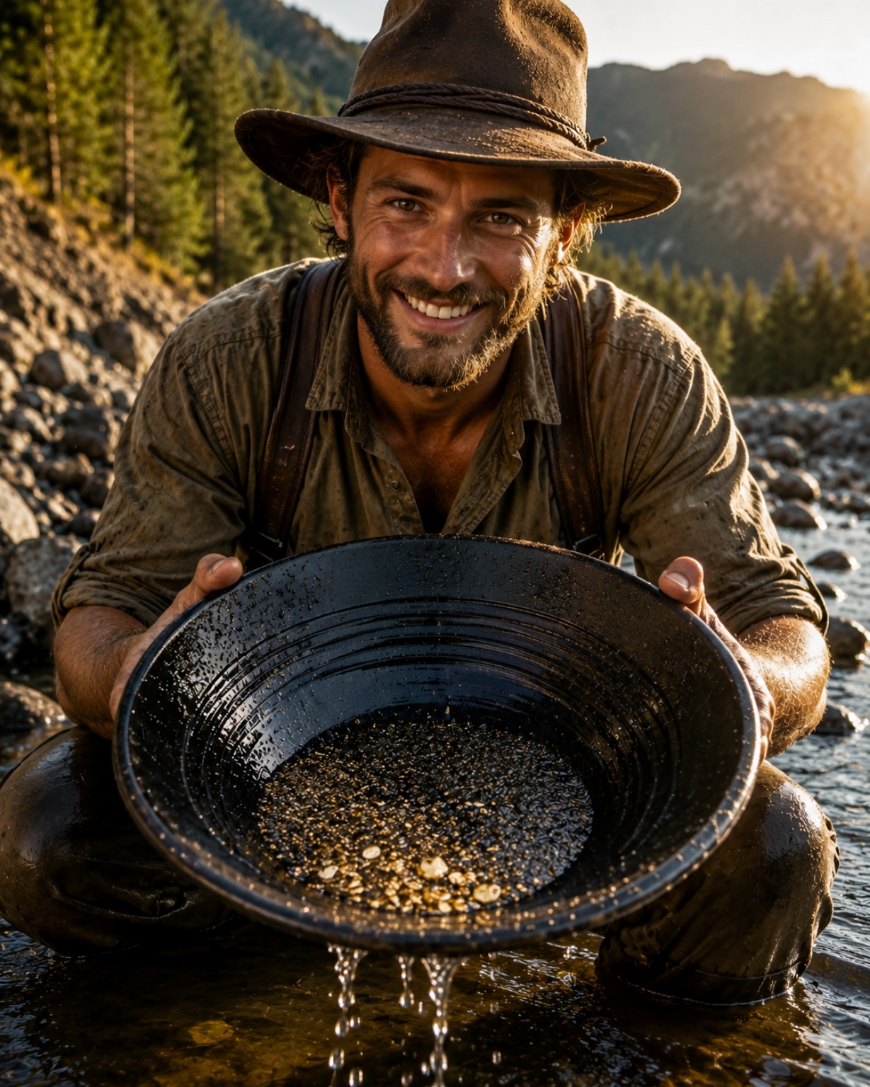 Goldschürfer am Fluss hält lächelnd eine Pfanne mit Goldkörnern