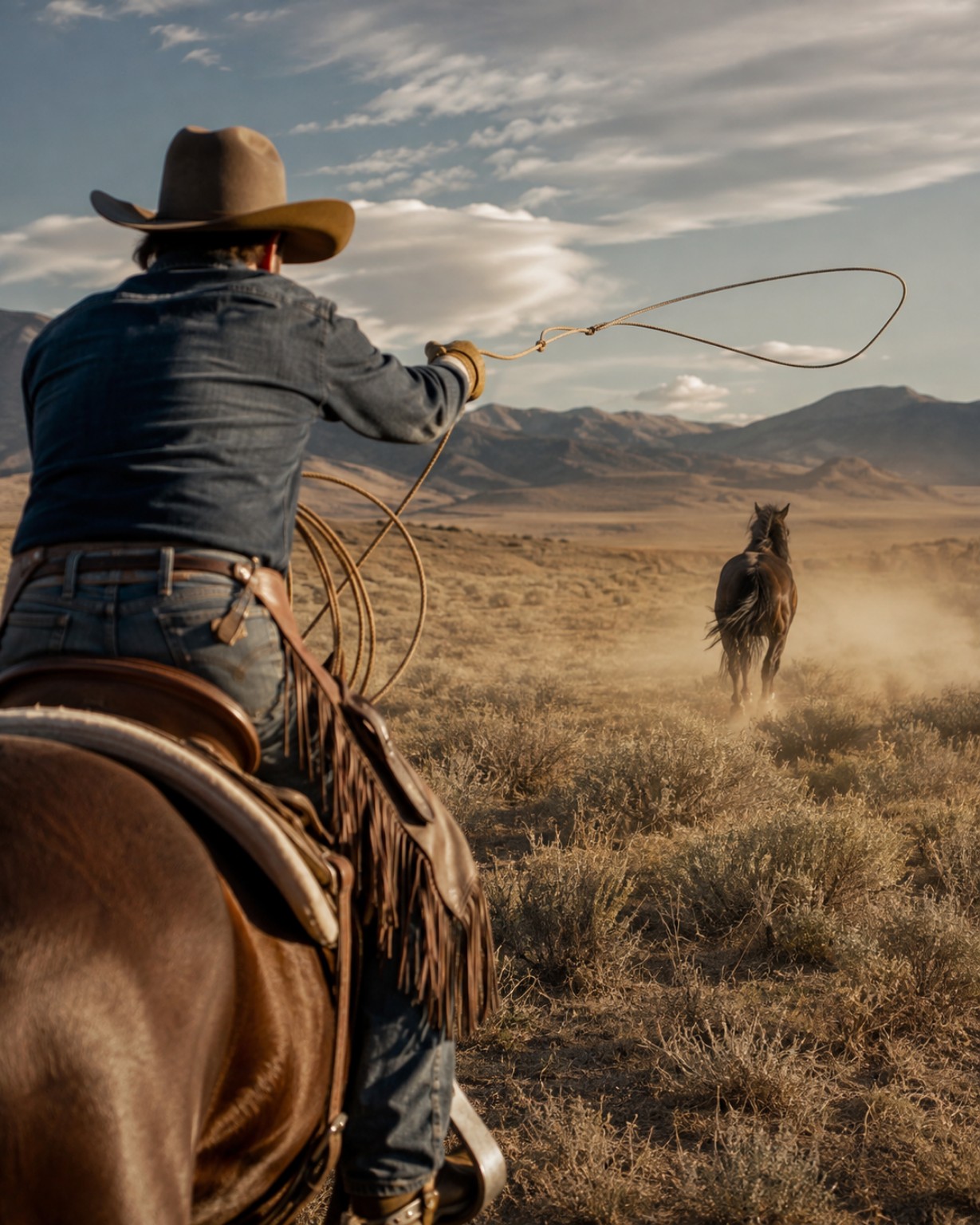 Cowboy zu Pferd wirft ein Lasso nach einem davonlaufenden Pferd in weiter Steppe